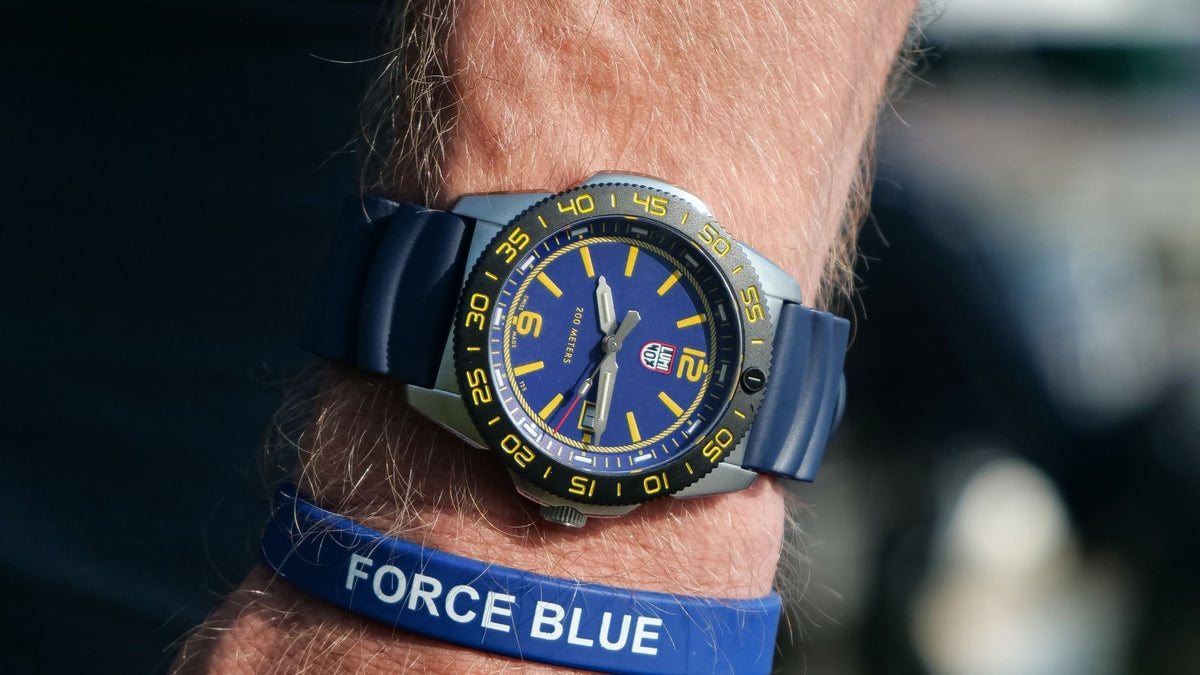 Luminox Pacific Diver FORCE BLUE 3120 Series XS.3125.FB men's watch worn on the wrist with a matching blue FORCE BLUE wristband
