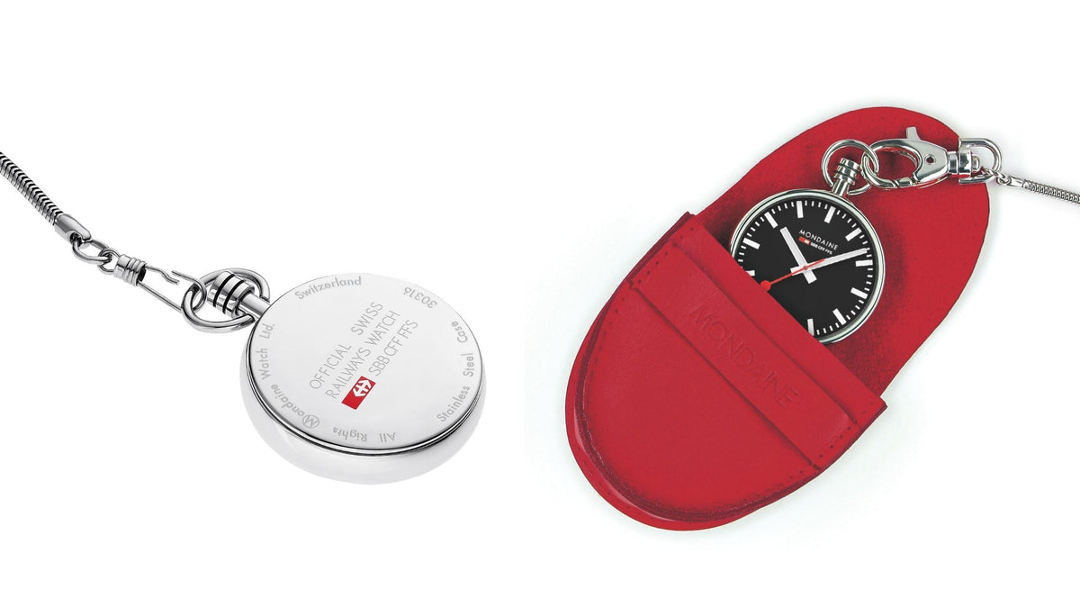 Mondaine Official Swiss Railways pocket watch set on a white background, showing the polished stainless steel caseback with engraved branding on the left and the watch resting inside a bright red leather protective pouch on the right