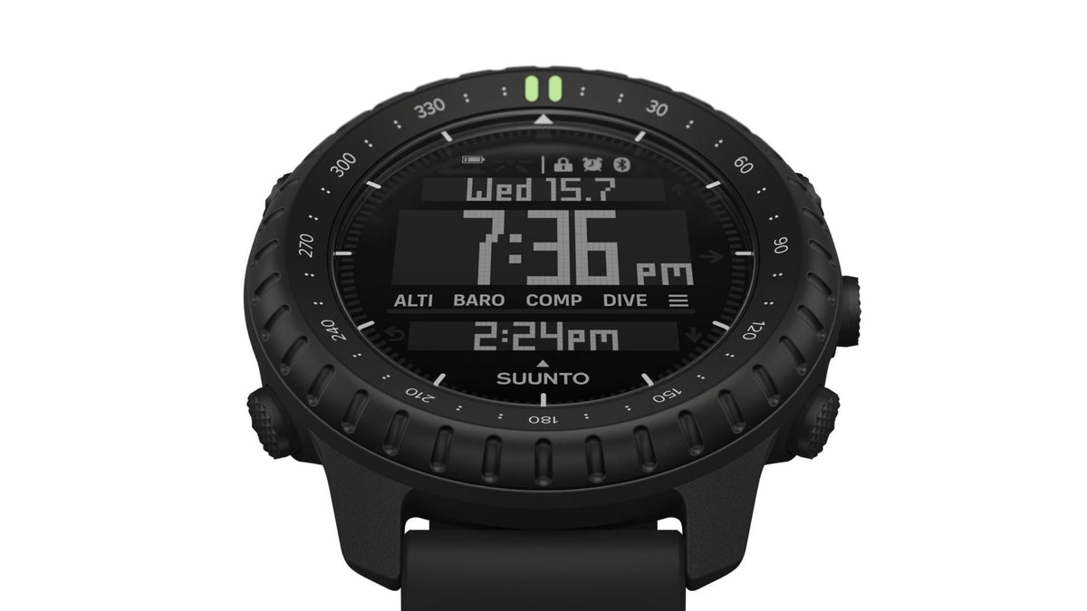 Suunto Core SS051356000 front view displaying digital dual time display with black composite case and grooved bezel