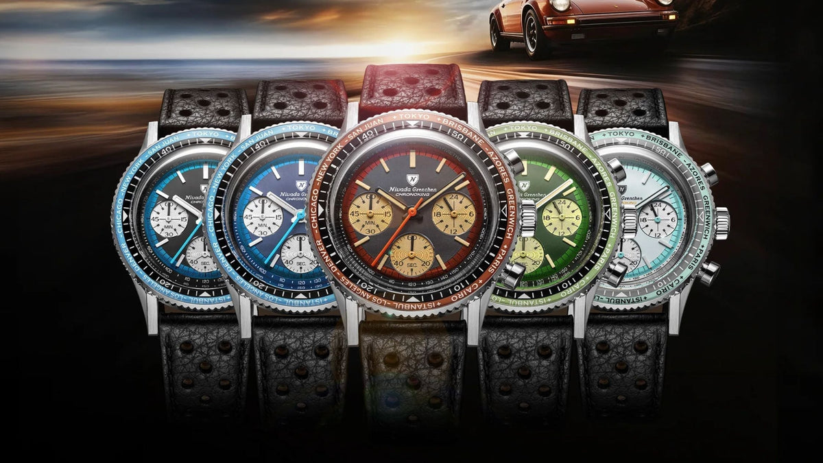 Five Nivada Grenchen Chronoking Racing chronograph watches with different colored dials and interchangeable world-time bezels