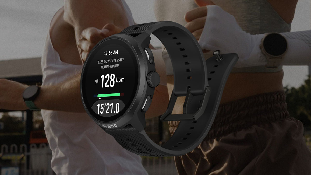 Suunto Run angled perspective display of black digital sports watch highlighting low-intensity warm-up run workout metrics