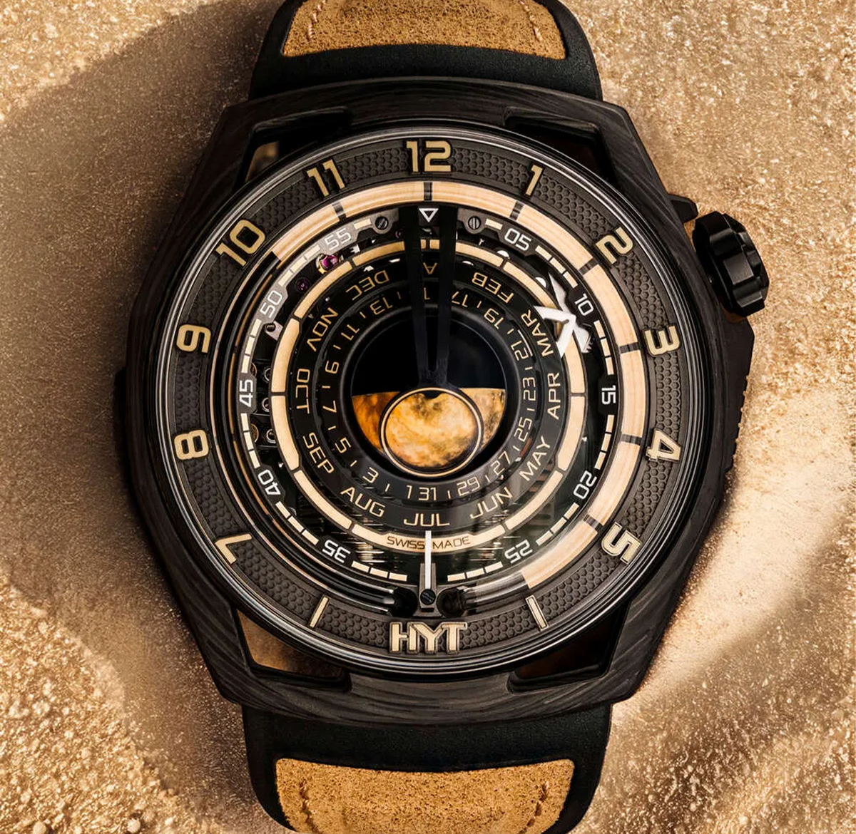 HYT luxury watch with black and gold dial, moonphase display, and black strap, featured in a guide to the best watches under $500.