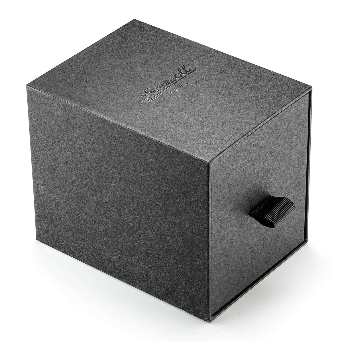 Grey presentation watch box with cutout handle slot and embossed logo