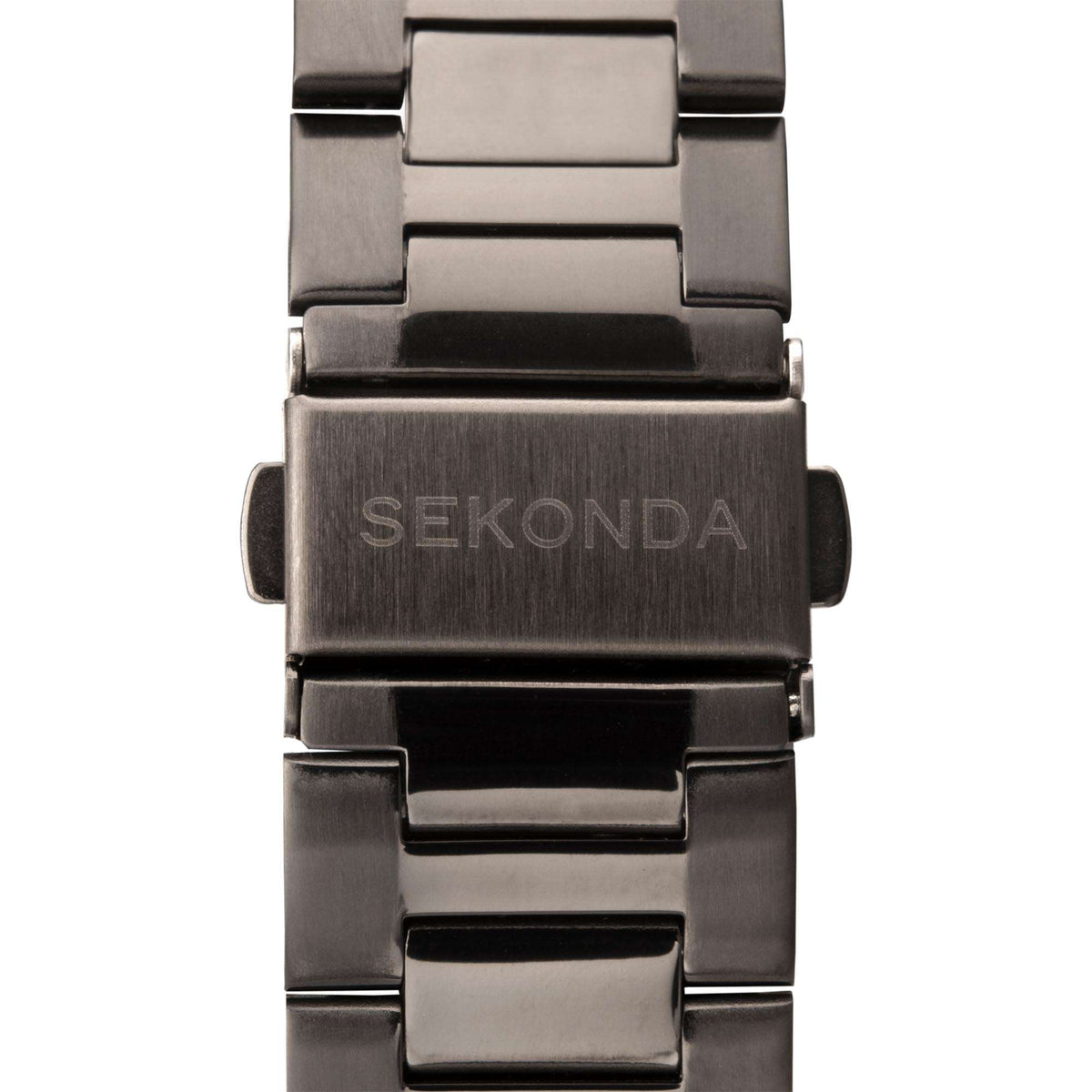 Men's quartz sports watch clasp and bracelet in gun metal steel with SEKONDA engraving.