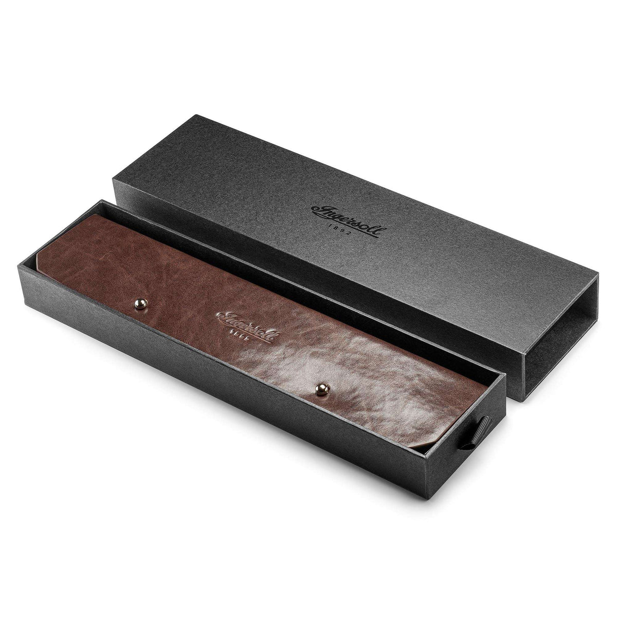 Men's automatic watch in open case, brown leather strap, black dial, rose-gold accents
