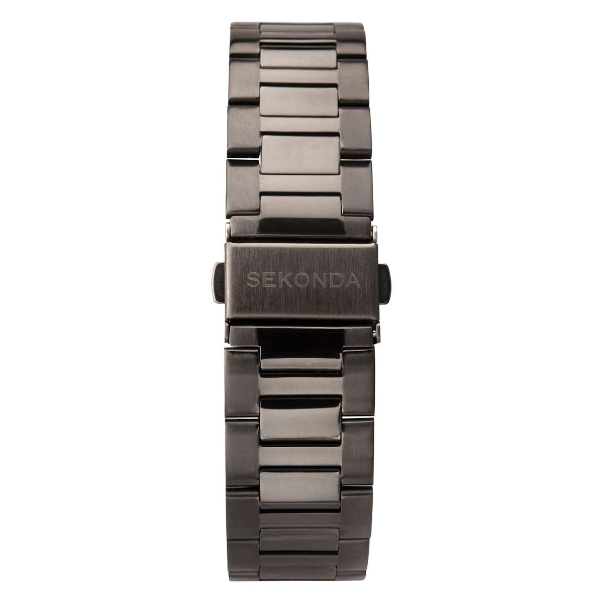Men's quartz sports watch bracelet with gun metal steel links and SEKONDA engraving.