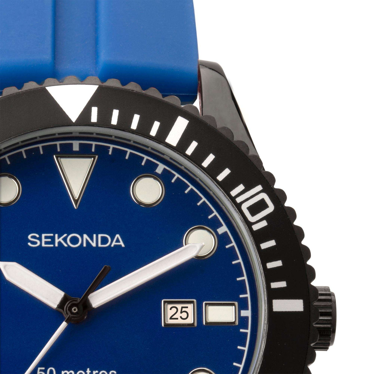 Close-up of blue watch dial with Sekonda logo, markers, and date window
