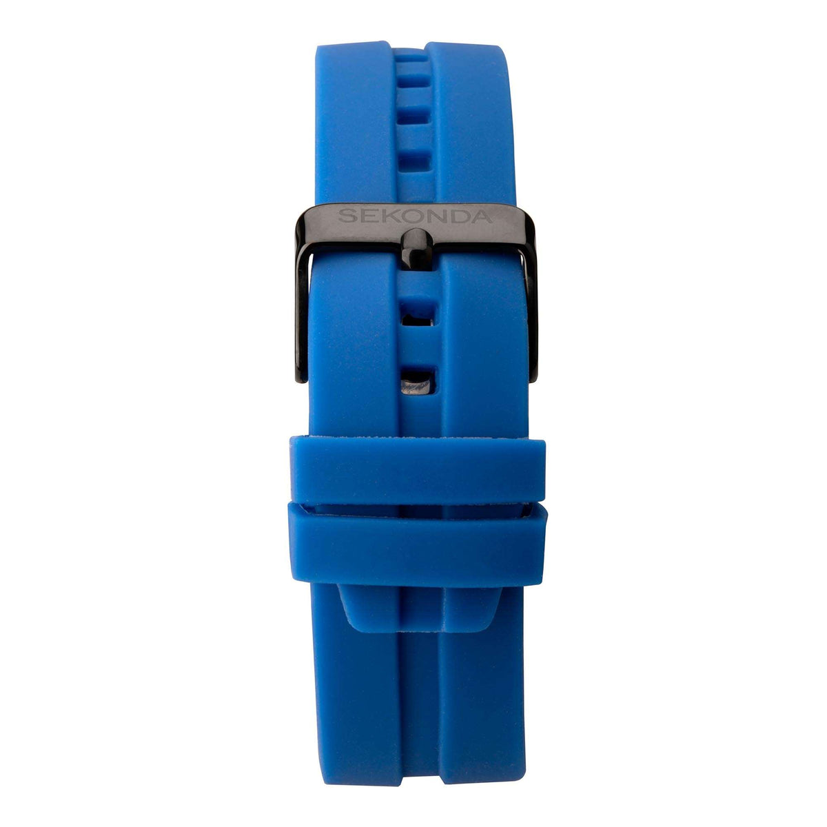 Blue rubber watch strap with black buckle and embossed strap segments