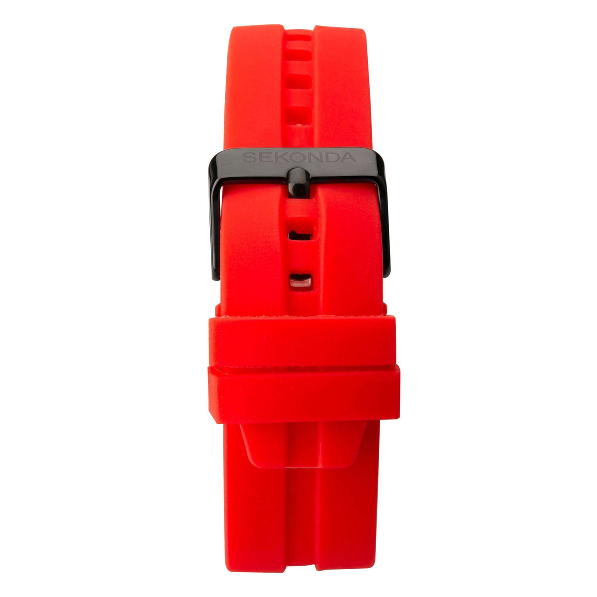 Sekonda watch with red rubber strap and black clasp, rear side view