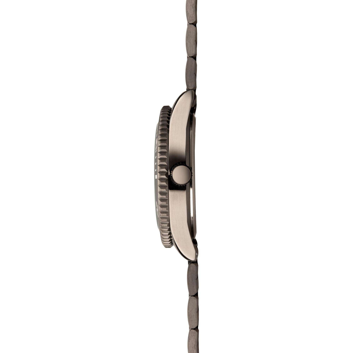 Men's stainless steel bracelet watch, angled side view with ridged minute track