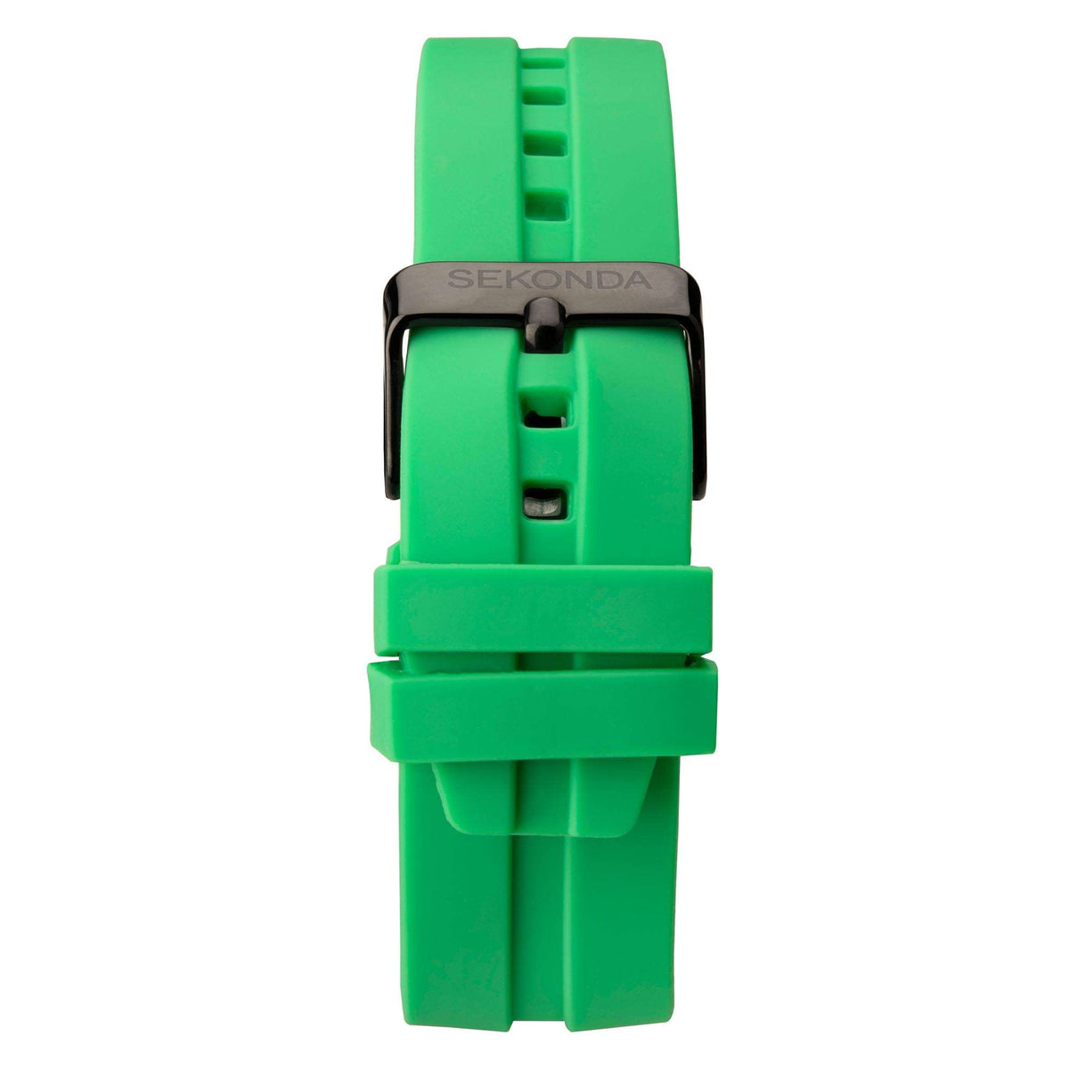 Men's watch with green rubber strap and black bezel casing, side profile
