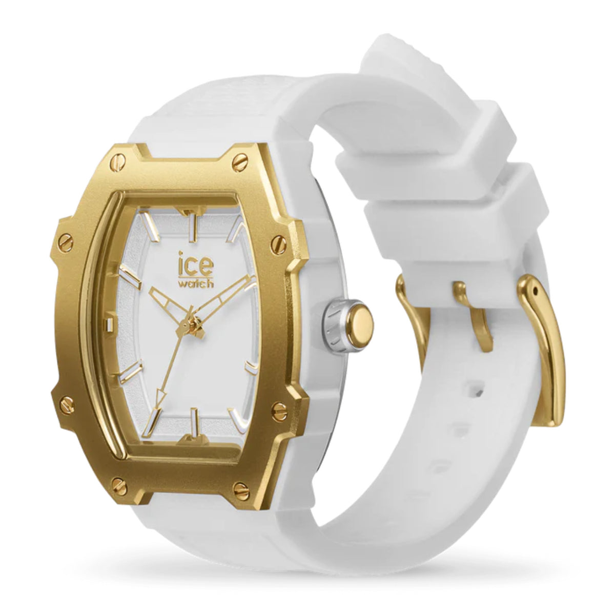 ICE Boliday quartz watch with white dial, gold bezel, and white silicone strap