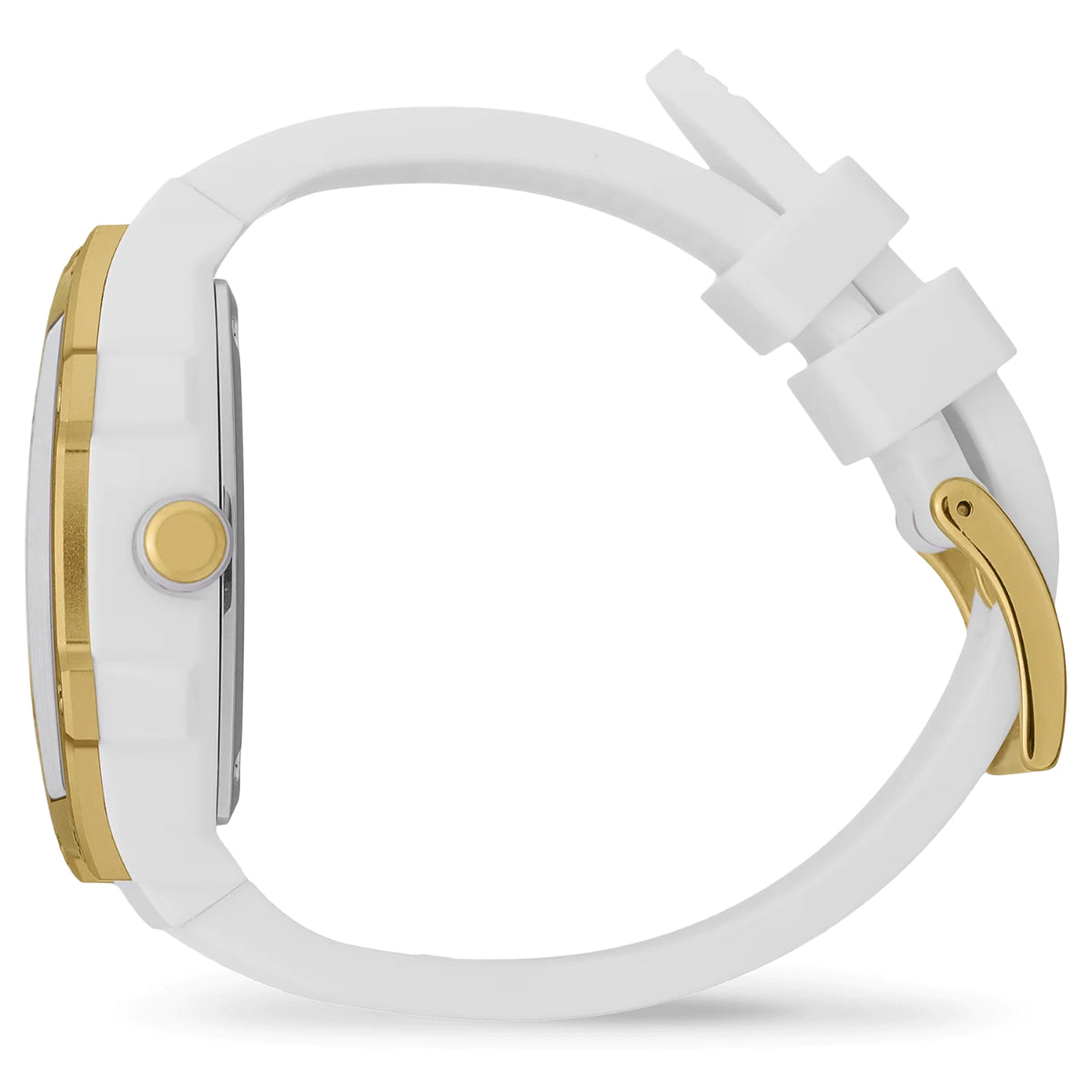 ICE Boliday quartz watch side view with gold crown, gold bezel, and white silicone strap