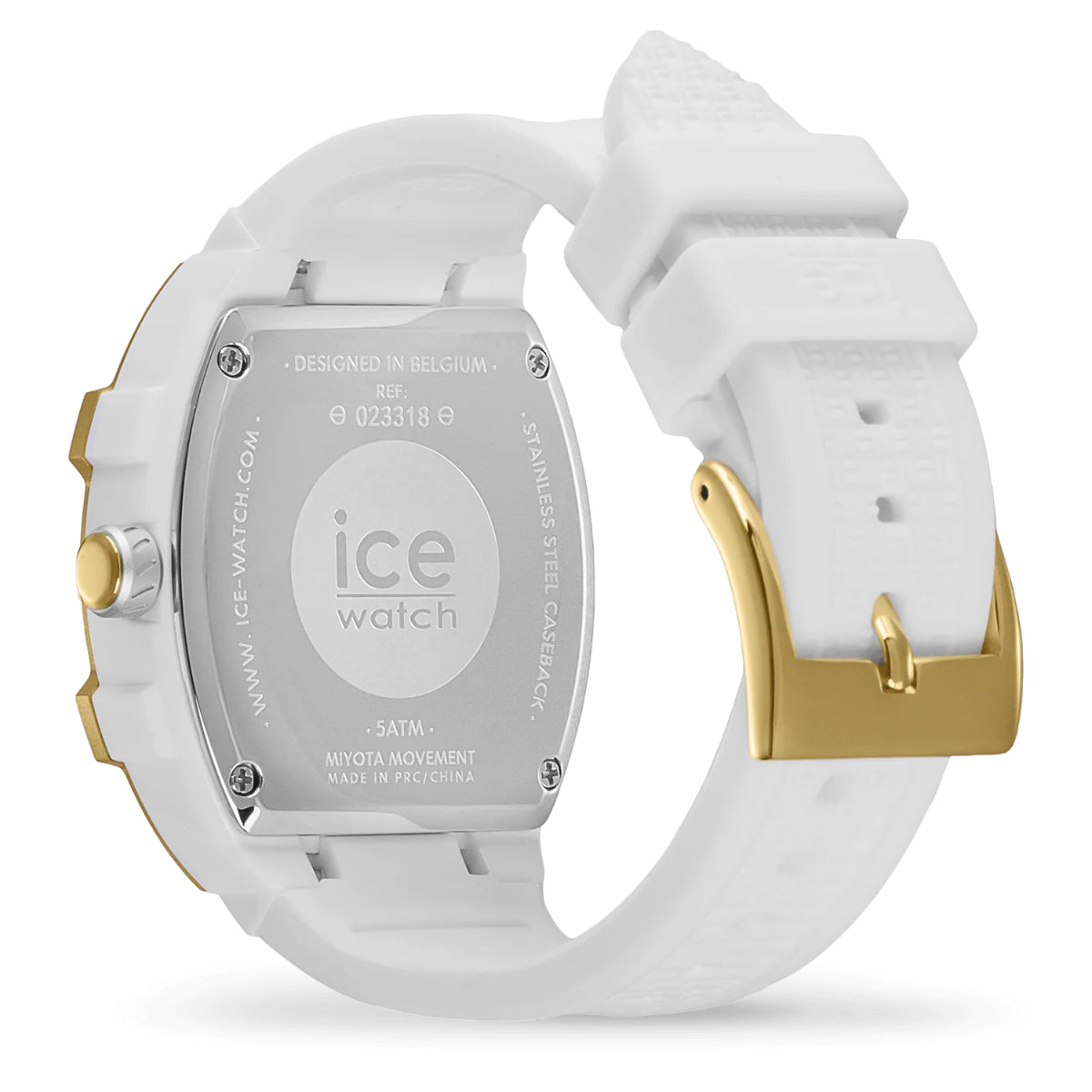 ICE Boliday quartz watch caseback with white silicone strap and gold accents