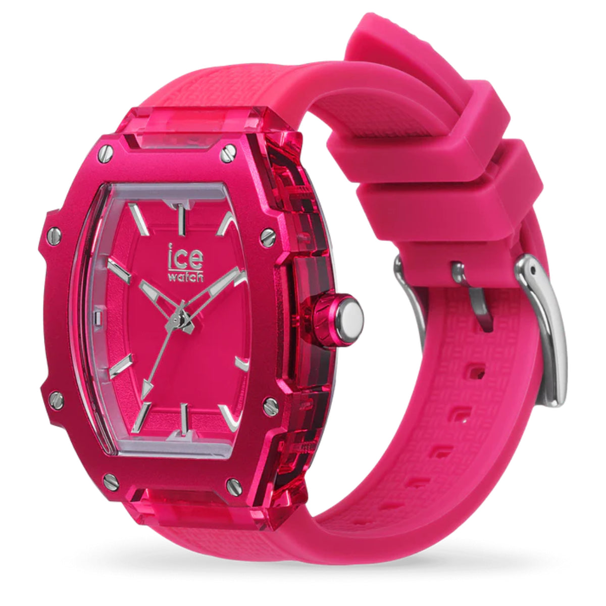 Pink quartz watch with textured silicone strap, pink dial, and faceted translucent case