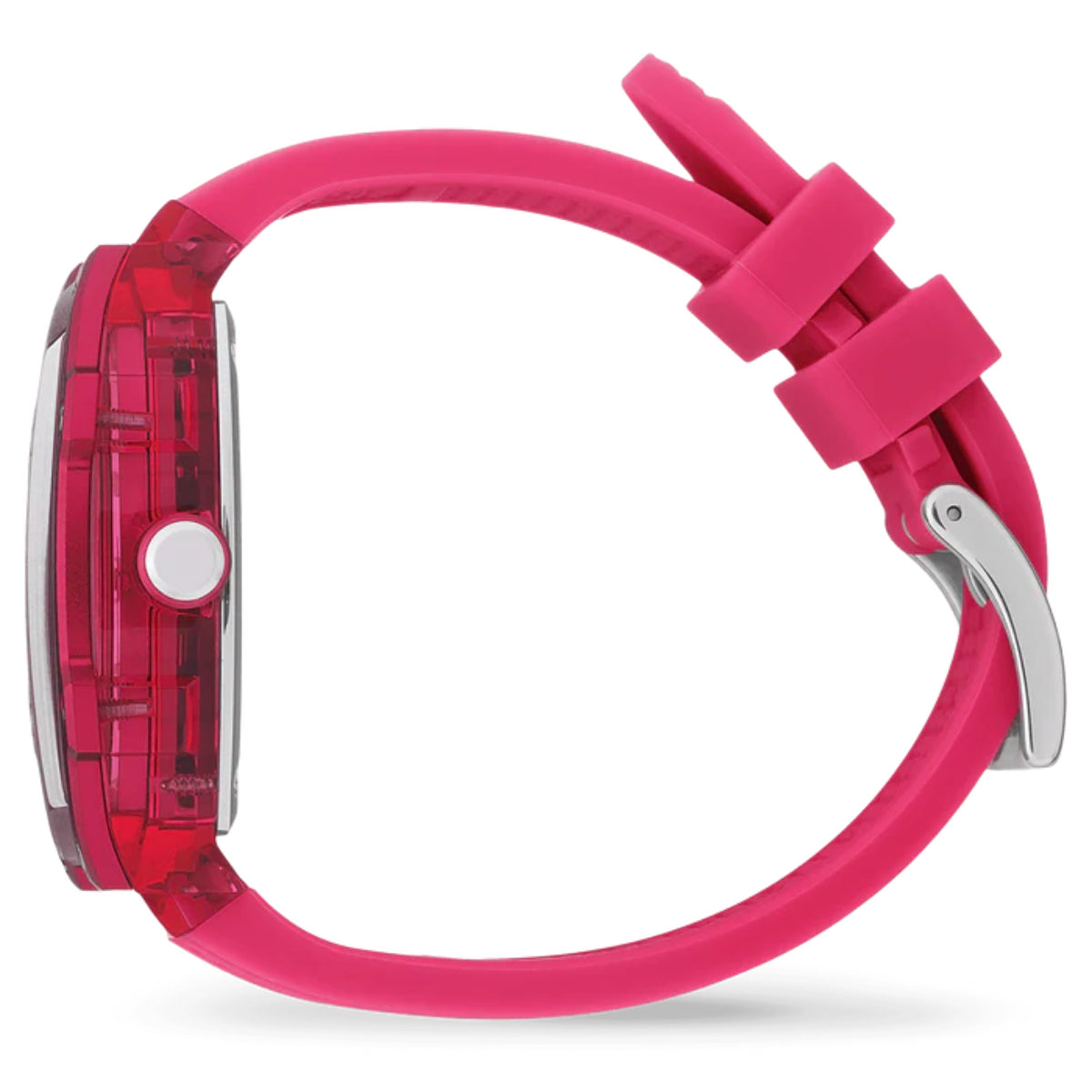 Pink silicone strap quartz watch, side view with faceted translucent case and metal crown