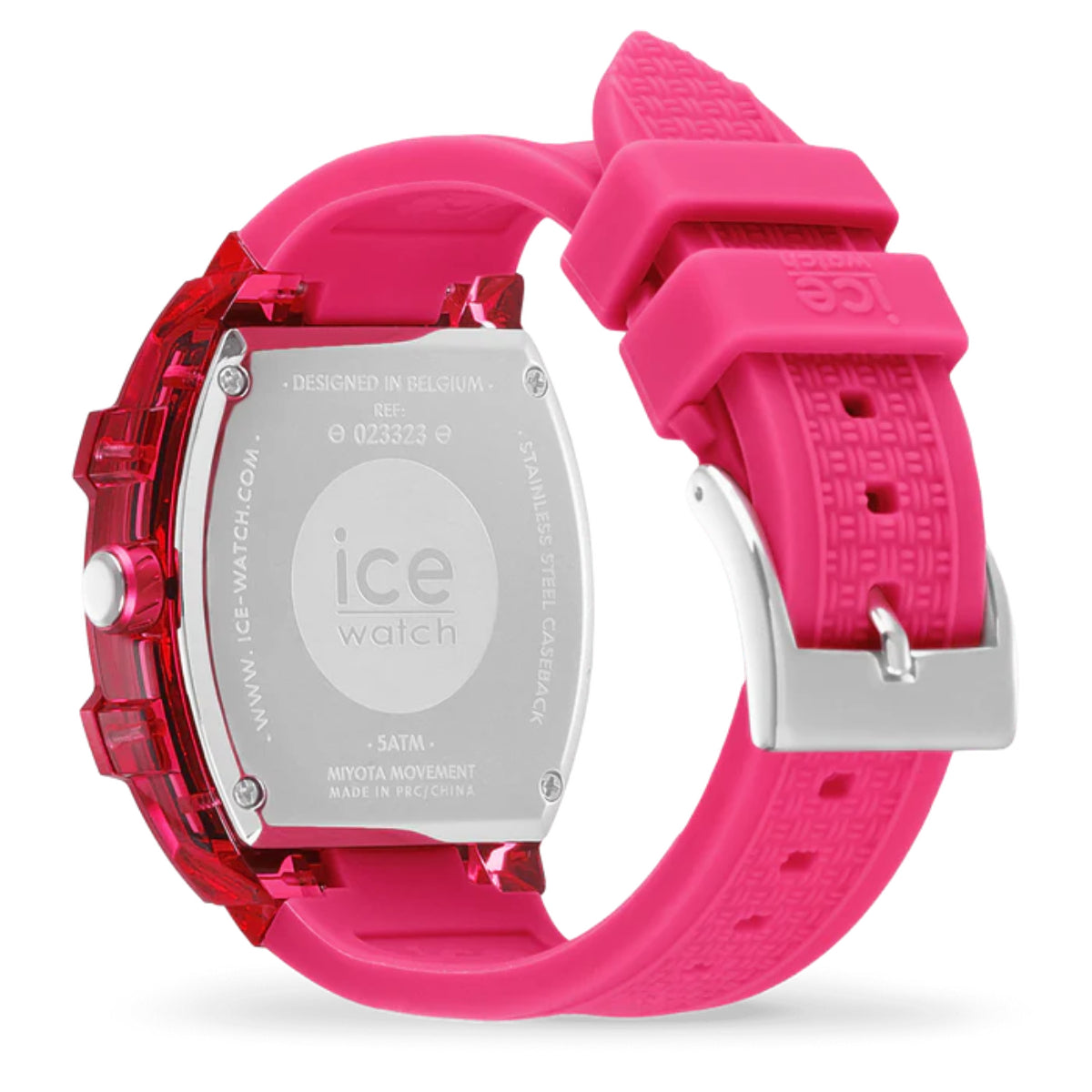 Pink silicone strap quartz watch with pink dial and faceted clear case