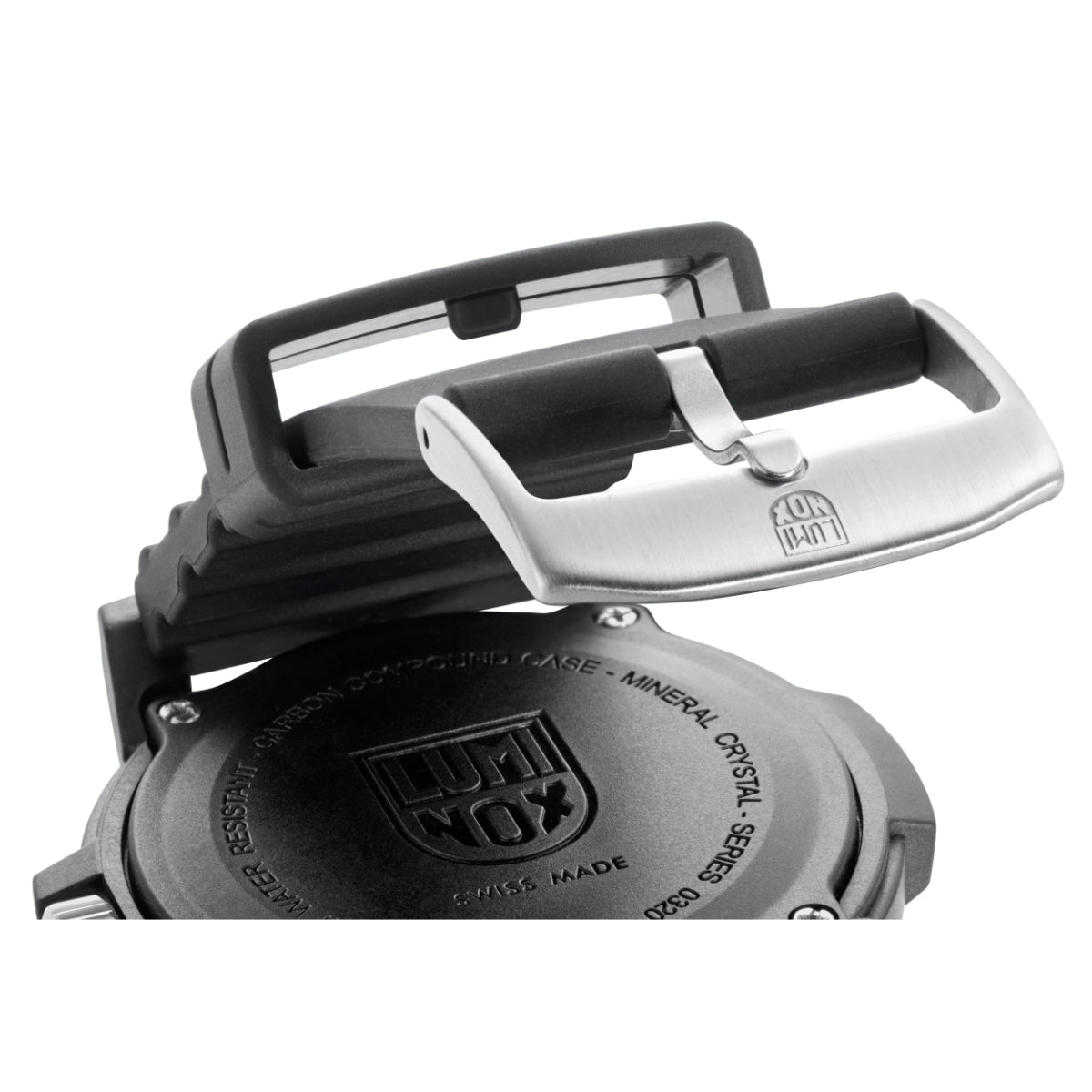 Black case back view with engraved Luminox logo and silver metal clasp, black strap
