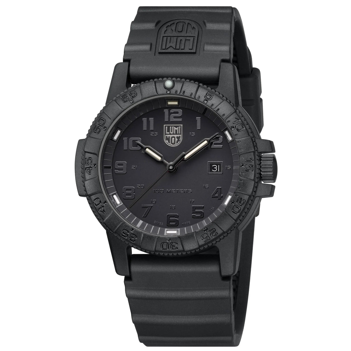 Three-quarter angle view of the Luminox Leatherback Sea Turtle XS.0321.BO.L showcasing its blacked-out resin case and diver bezel