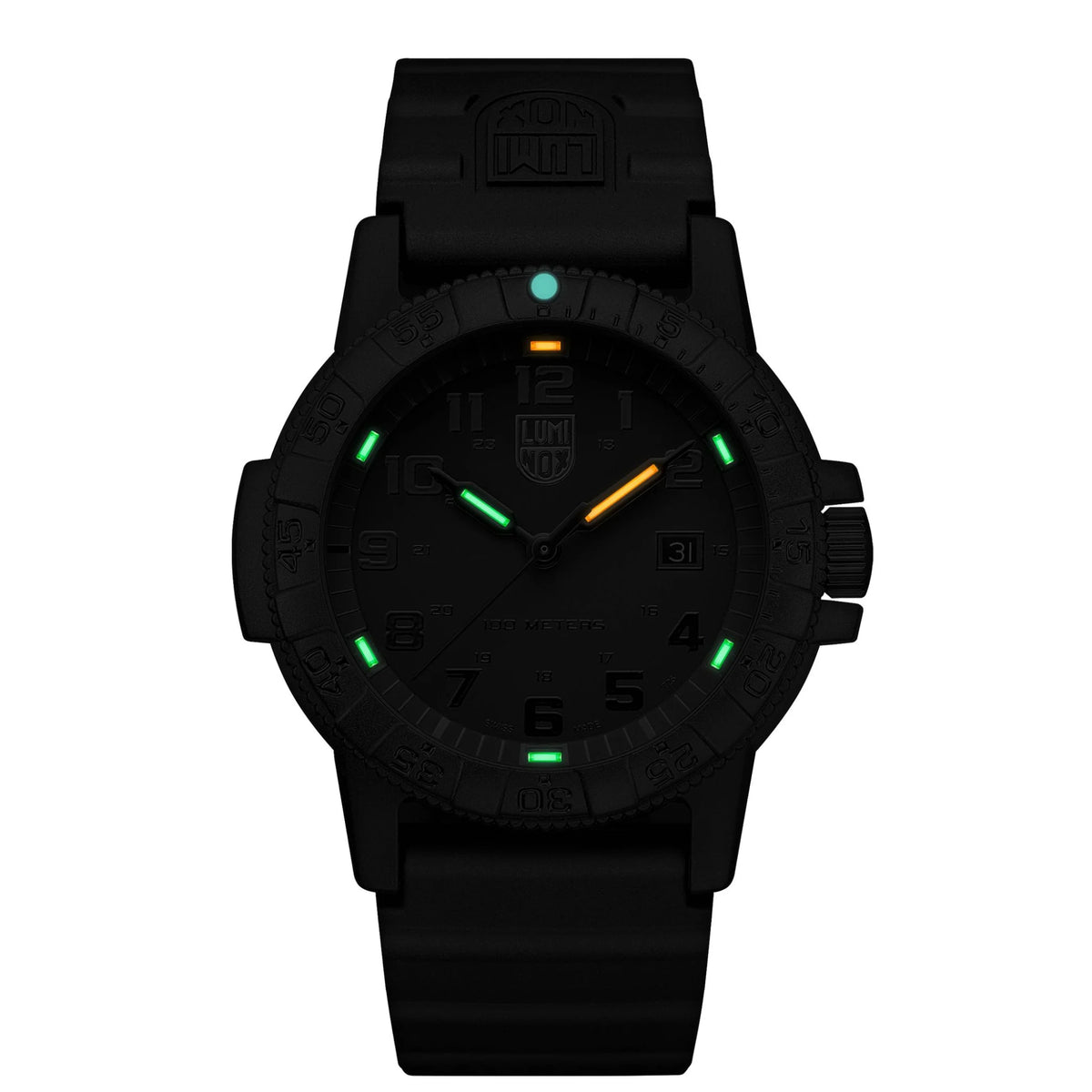 Low-light studio display of the Luminox Leatherback Sea Turtle XS.0321.BO.L, highlighting its illuminated green and orange night vision hands