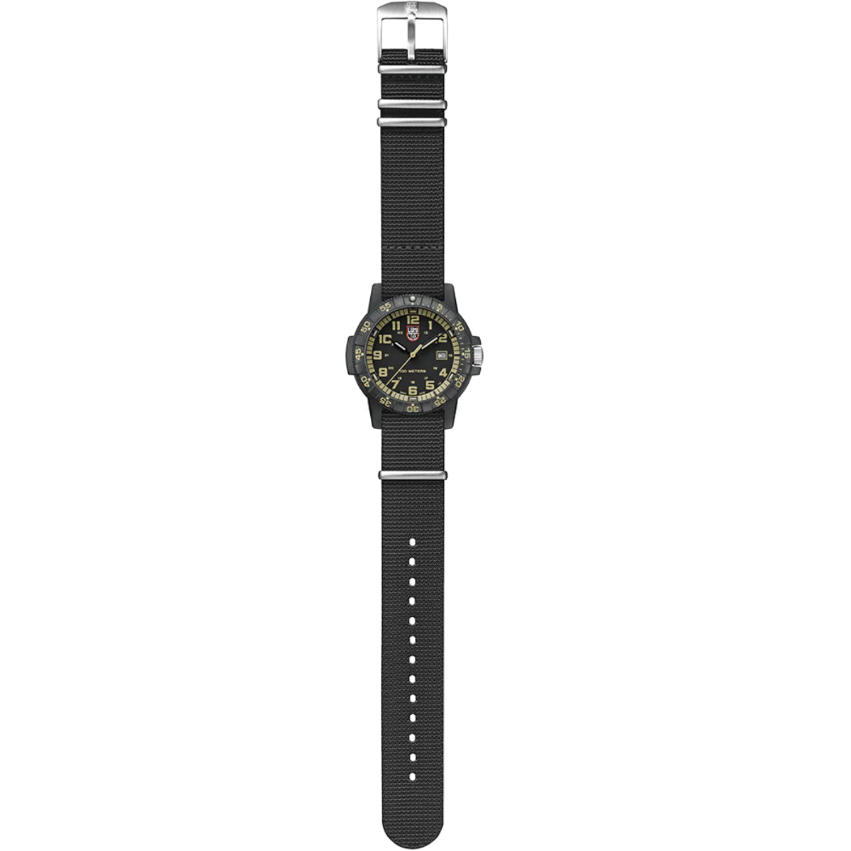 Full top-down view of the black Luminox Leatherback Sea Turtle XS.0333 quartz timepiece laid flat with its NATO strap extended