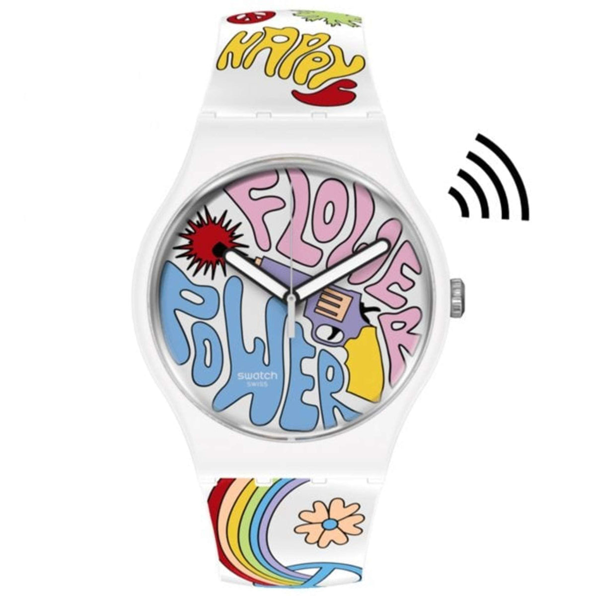 Swatch gent watch with white strap and colorful graffiti dial, round silver case