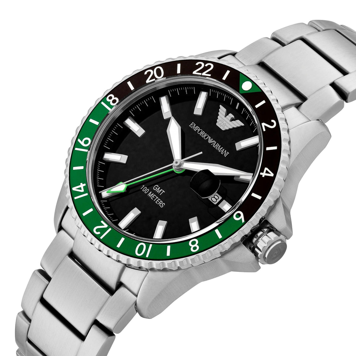 Stainless steel men's quartz watch with black dial, green GMT bezel, baton hour markers