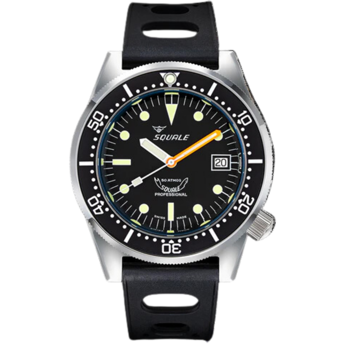 Men's automatic diver watch with black silicone strap, black dial, orange second hand