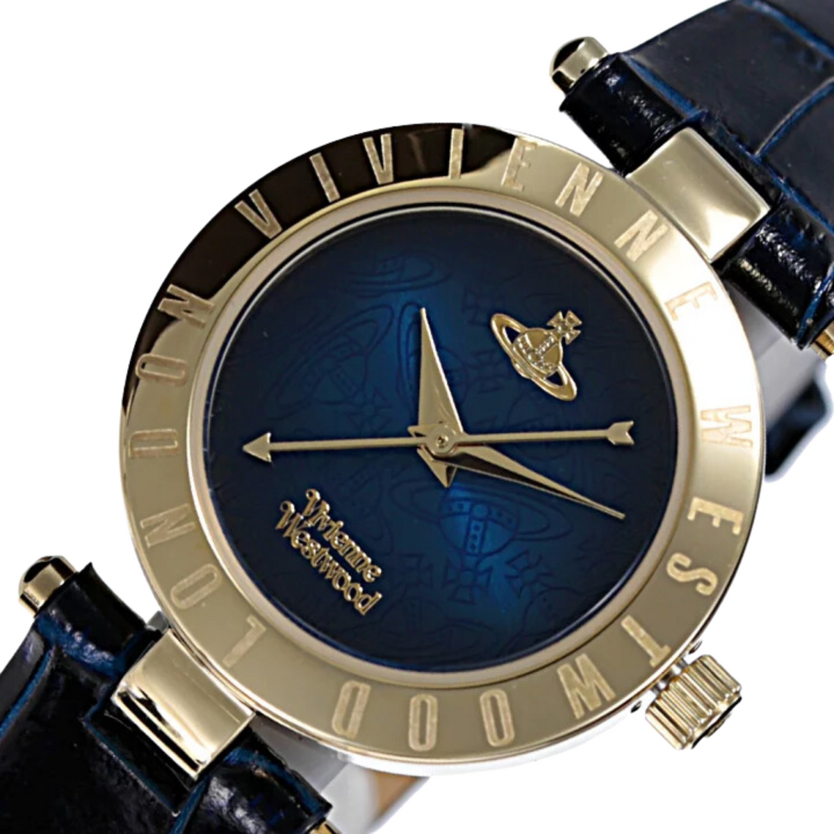Quartz watch with dark blue leather strap, gold-tone case, blue dial with logo hands