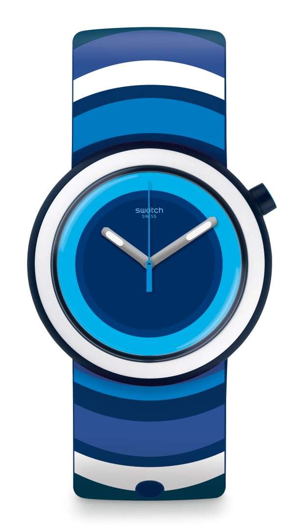 Men's striped blue analog watch with white and navy bands, blue dial, silver hands.