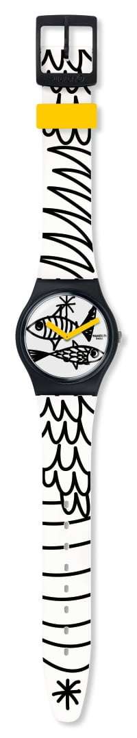 Boys fish-themed wristwatch with white strap and black fish graphic dial