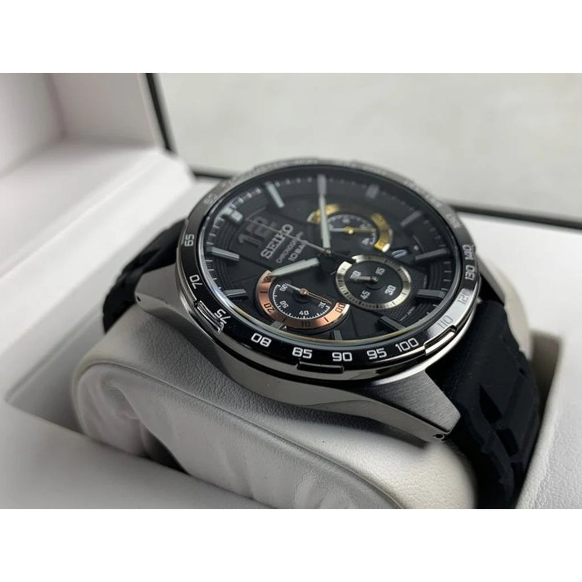 Seiko Essentials SSB349P1 angled close-up view in watch box