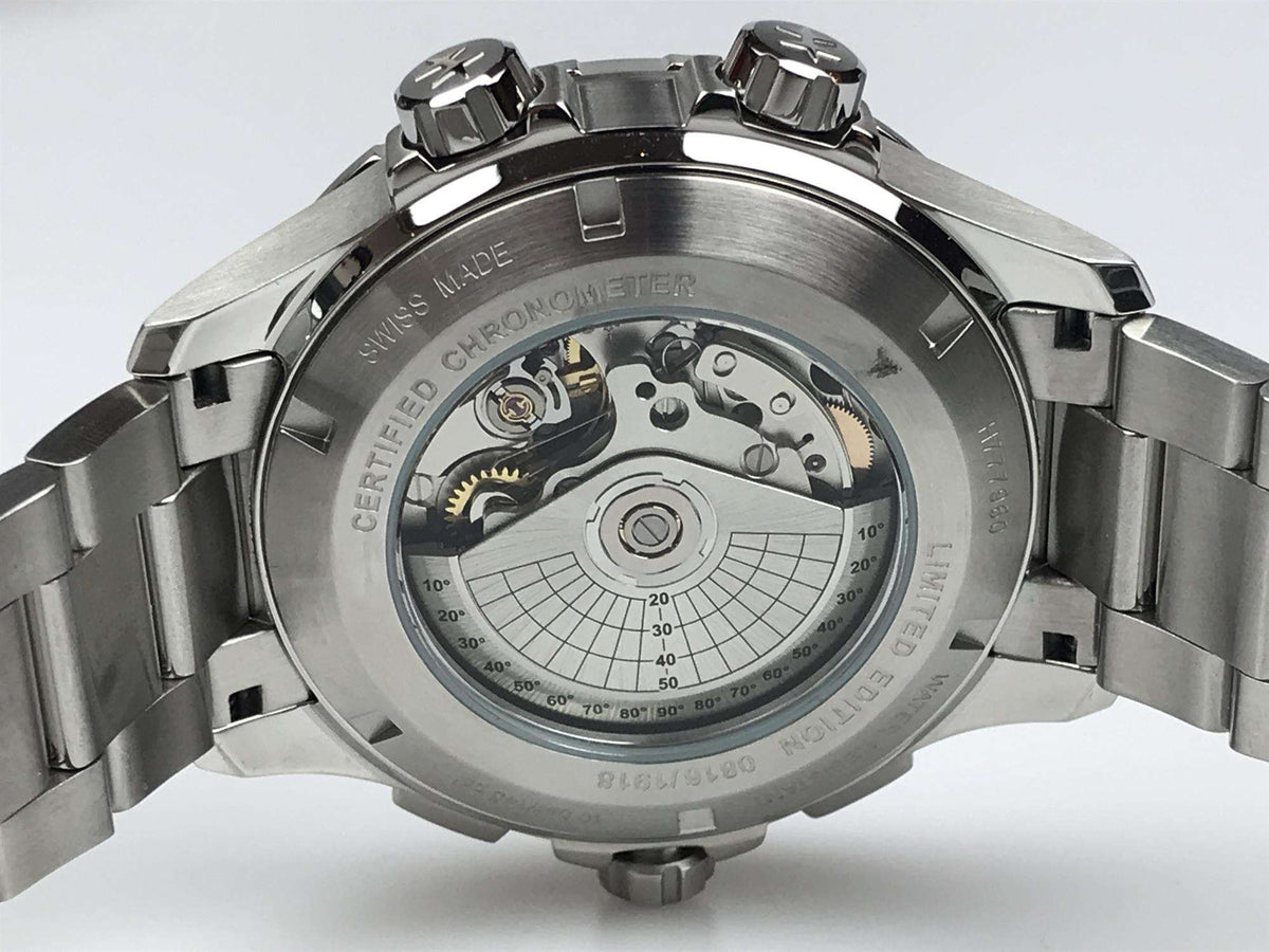 Men's stainless steel automatic watch caseback with exhibition window and engraved text