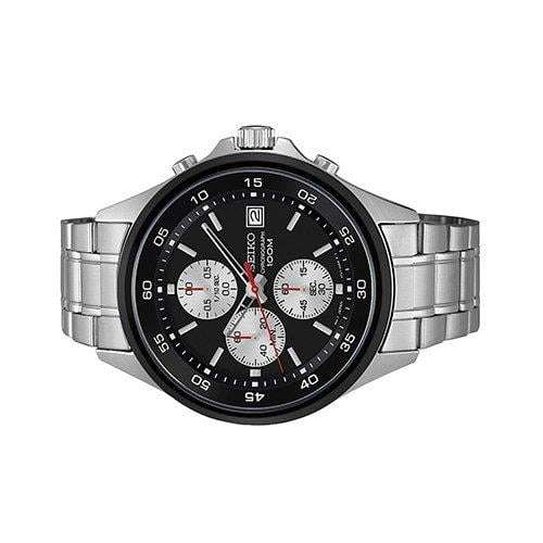 Stainless steel chronograph watch with black dial, date window, and linked bracelet