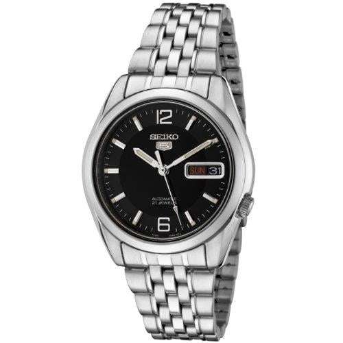 Seiko men's automatic analog watch with black dial and stainless steel bracelet strap