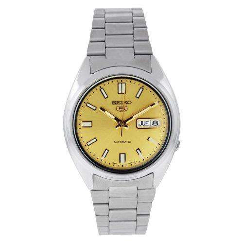 Seiko men's automatic wristwatch with gold dial, stainless steel bracelet, date window