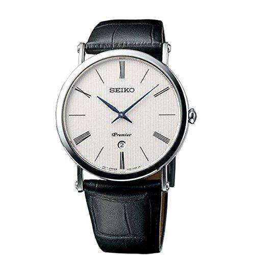 Men's Seiko quartz watch with black leather strap, light dial, Roman markers, blue hands