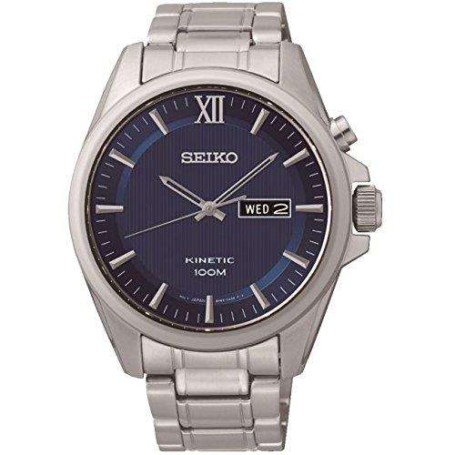 Stainless steel men’s kinetic watch with blue dial, Roman numerals, date window, metal bracelet