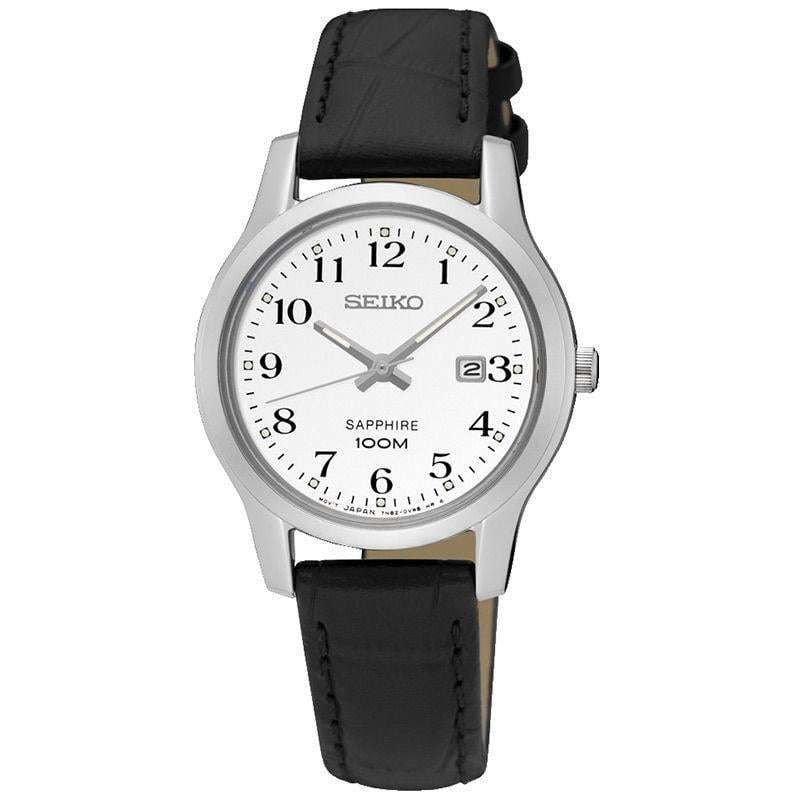 Seiko ladies quartz watch with white dial and black leather strap, round silver case