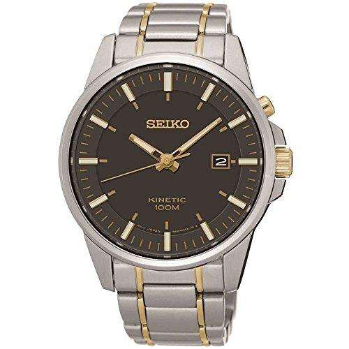 Seiko stainless steel men's kinetic watch, black dial with date window, two-tone bracelet