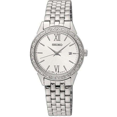 Seiko ladies stainless steel watch with jeweled bezel, silver dial, Roman numerals