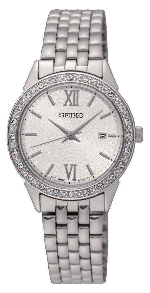 Seiko ladies stainless steel watch with diamond-like bezel, silver dial, metal link band