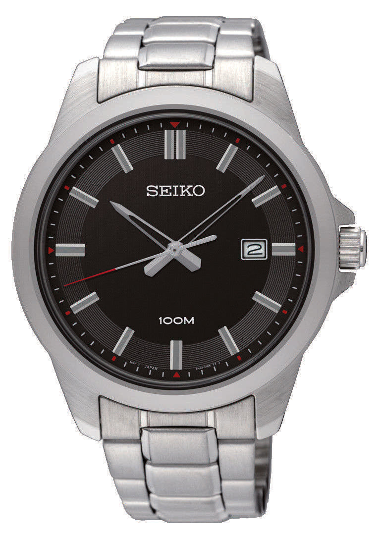 Stainless steel men's watch with black dial, silver bracelet, and date display