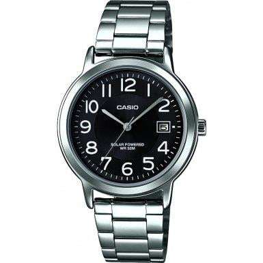 Casio men's quartz watch with black dial and silver metal bracelet strap, analog face