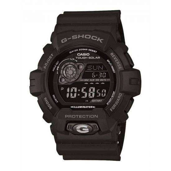 Black men's digital alarm chronograph watch front view with LCD display and protection text