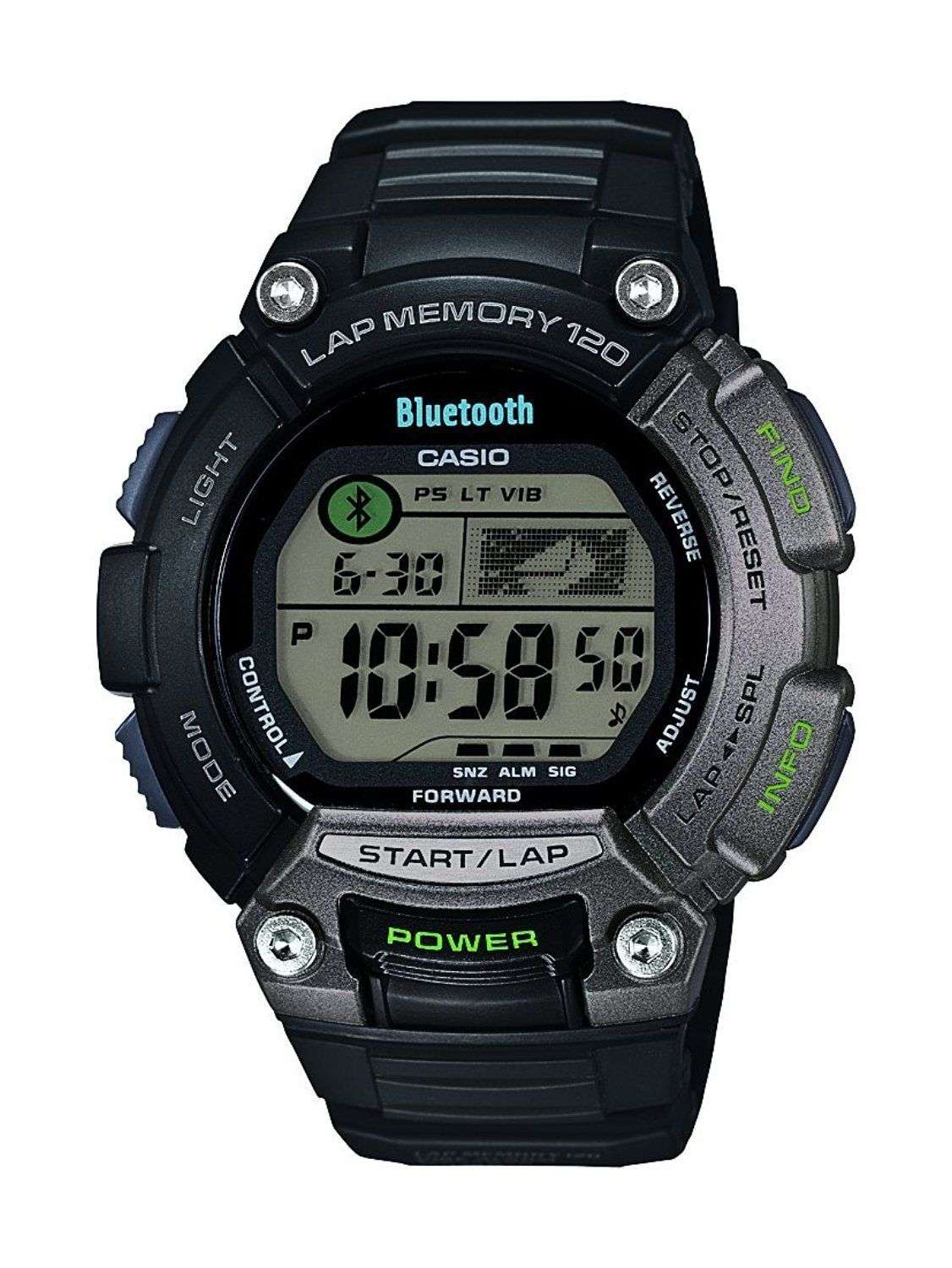 Casio Bluetooth digital sports watch, black resin strap, green accents, LCD display