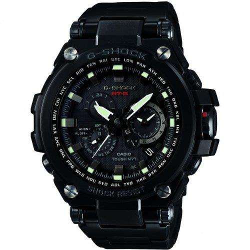 Men's G-Shock MTG-S1000 watch with black metal case, dark dial, green accents, wrist strap