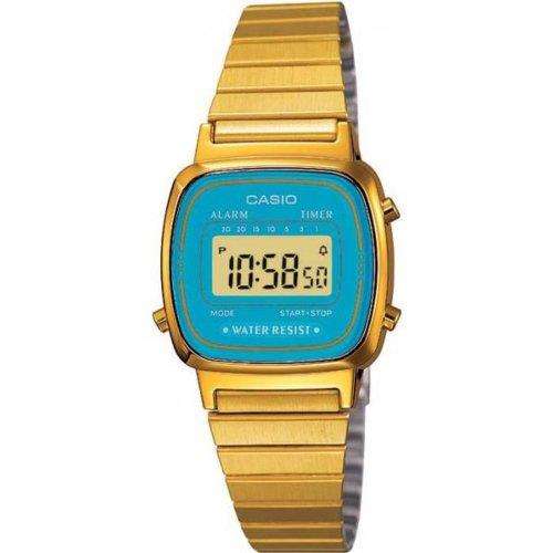 Casio women's digital watch with gold-tone metal bracelet and teal LCD display