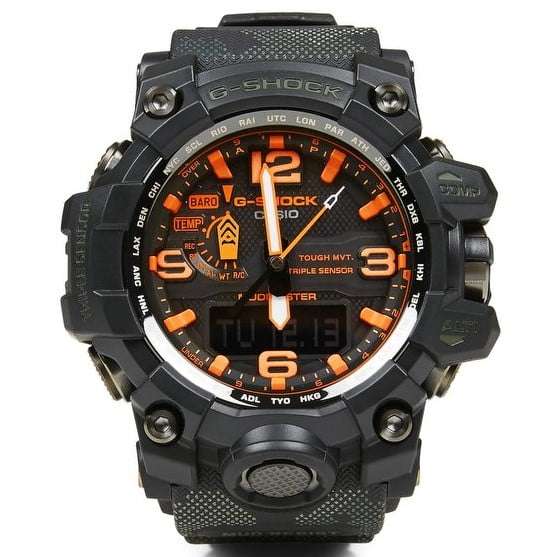 Black G-Shock Mudmaster watch with orange digital dial and textured resin strap