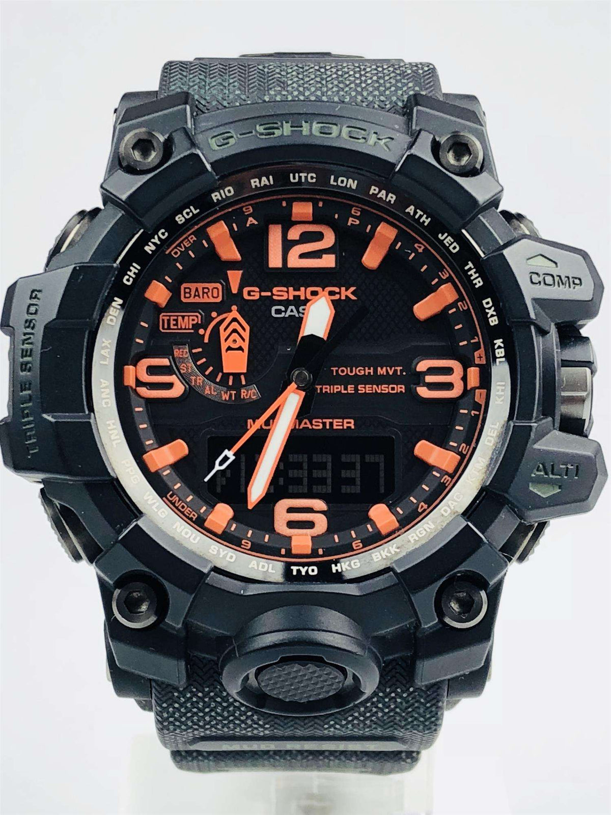 Black G-Shock Mudmaster watch with orange dial highlights and textured fabric-style strap